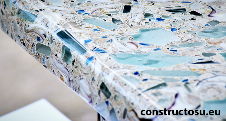 Blat de bucătărie confecționat din beton cu agregate de sticlă