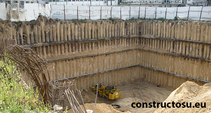 Fundație adâncă în zonă urbană, ancorare cu beton armat în foraje.