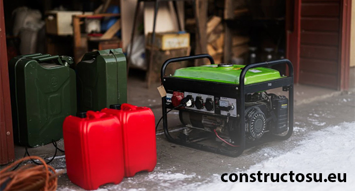 Generator electric pe benzină, lângă canistre de combustibil din plastic și metal, în ușa unui garaj, pe timp de iarnă.